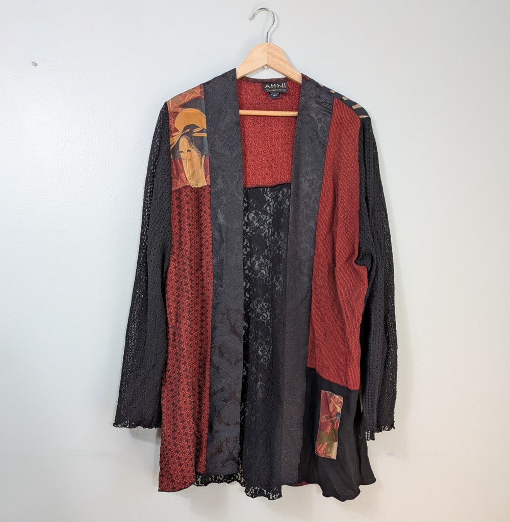 AHNI Patchwork Cardigan Jacket Top Red Black Artsy Vintage Y2K Lace Mesh Asian